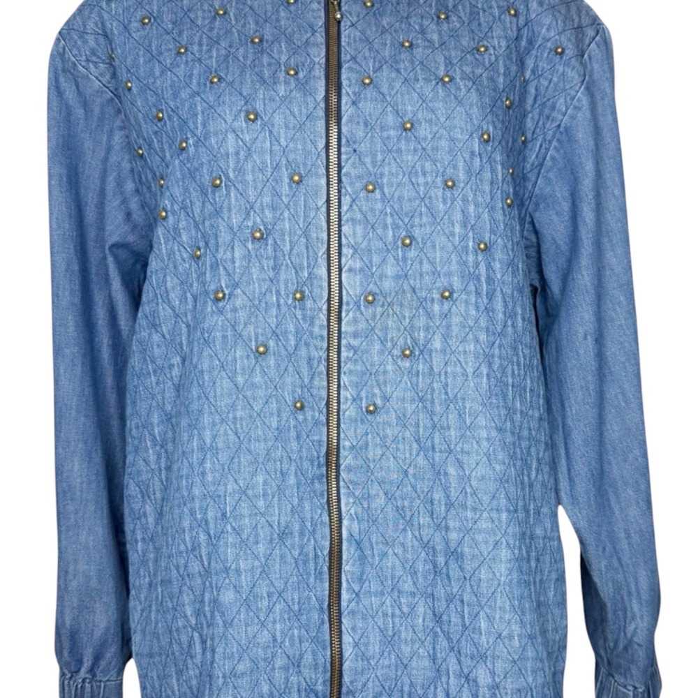 Vintage Blue Quilted Studded Denim Bomber Jacket Oversized Size Medium